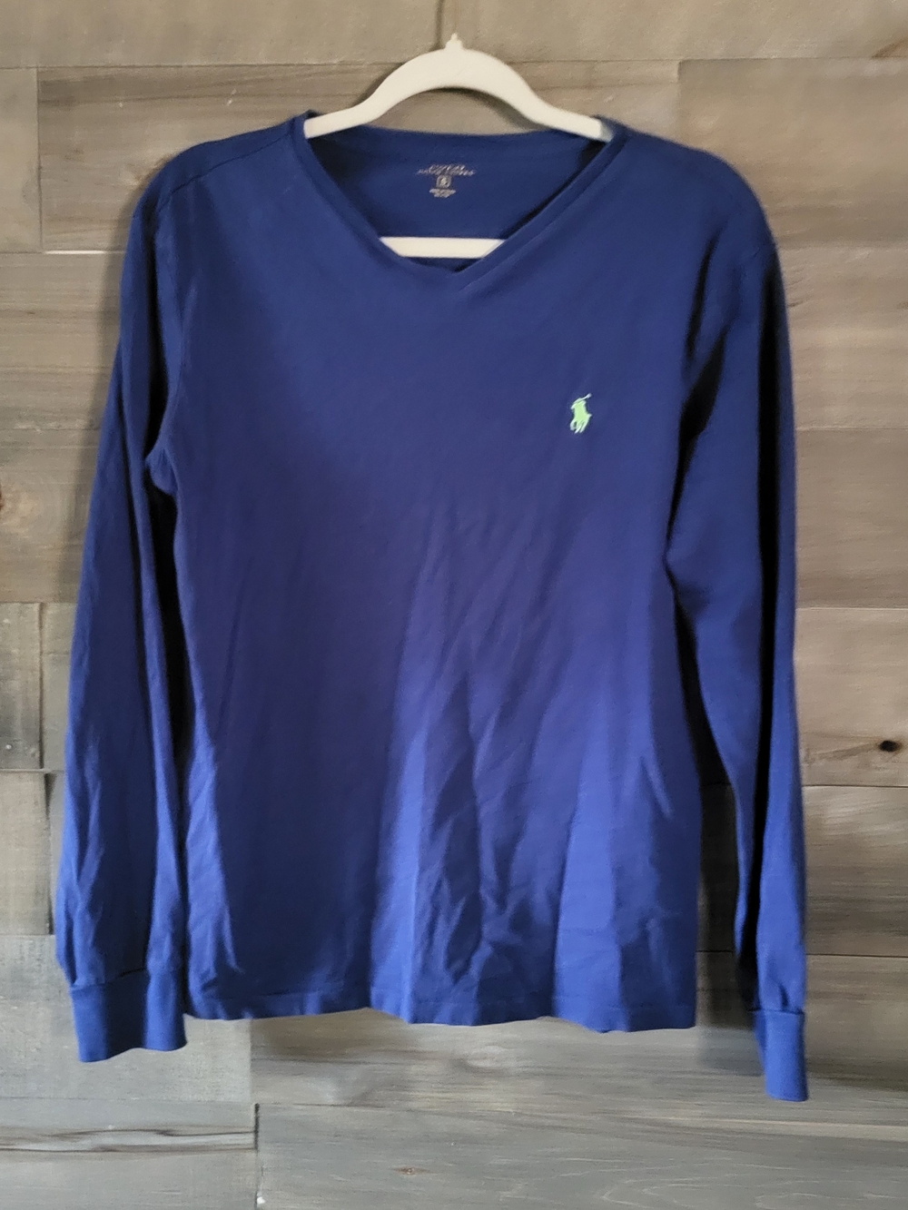 Polo by Ralph Lauren Men’s Long Sleeve V-Neck Shirt Royal Blue with Green Logo S